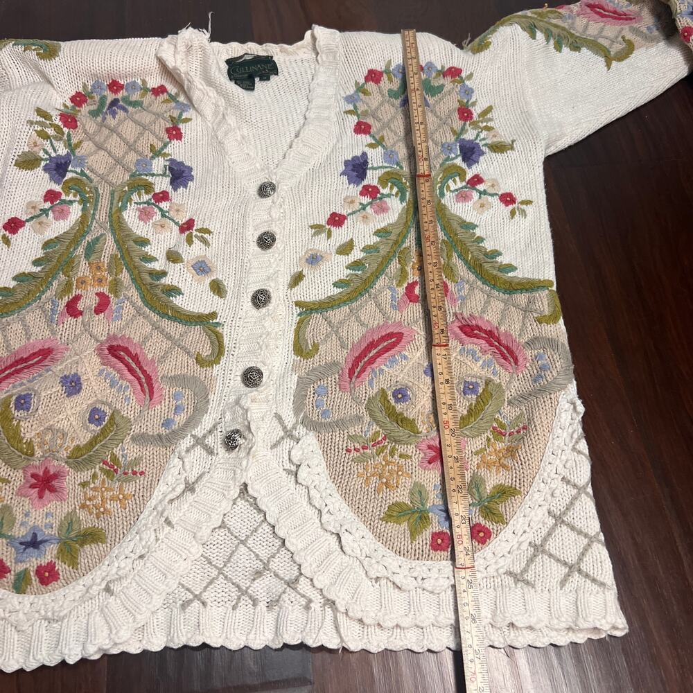 Cullinane Hand Knit Vtg 80s Sweater Floral Button Up VNeck 3d Women’s Sz MED - Picture 8 of 8